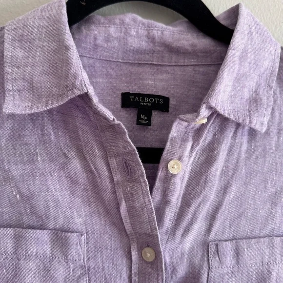 Talbots 100% Linen Lavender Roll Tab Shirt Medium petite - Picture 2 of 3